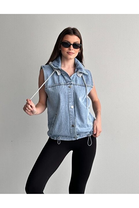 VESS MODA Kapüşonlu Basic Jean Kot Yelek