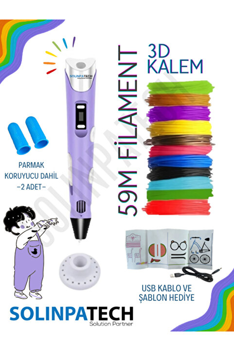 SolinpaTech MOR 3d Kalem 3d Pen Yazıcı Kalem | Çok Renkli (TOPLAM 59 METRE) Filament Usb Kablo