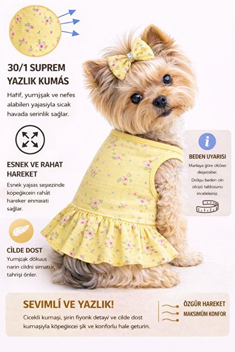 DOGİ&DOG Küçük Irk Lemon Flowers Köpek Kıyafeti Köpek Elbisesi (1-10KG)