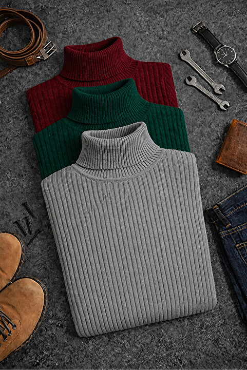 Trendy Mall Boğazlı Kazak 3’lü Hazır Paket Mevsimlik Kurtarıcı Parça Pamuklu Balıkçı Yaka Şardonlu Slimfit
