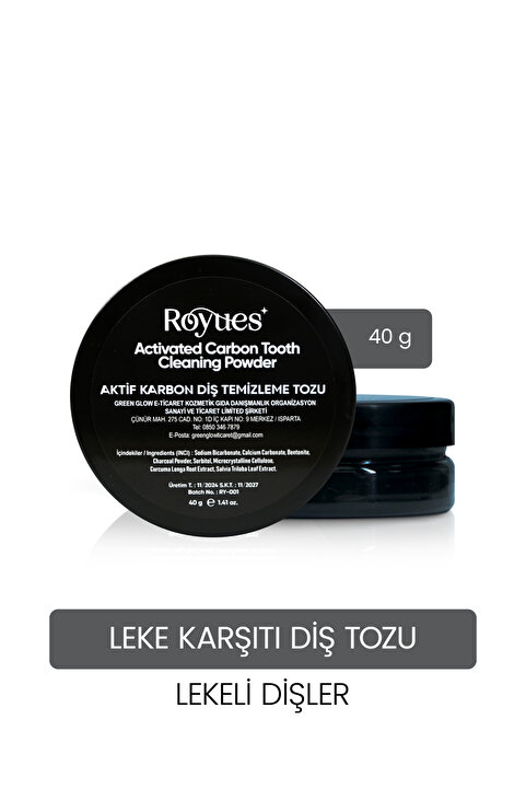 Royues Aktif Karbon Diş Beyazlatma Tozu 40 gr | Kahve & Sigara Lekesi Karşıtı, Doğal ve Nazik Beyazlatıcı