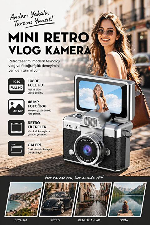 RoseandRoses Mini Kamera Dönen Ekran Flaşlı Selfie Video Vlog Kamerası Anahtarlık 1080P+48MP