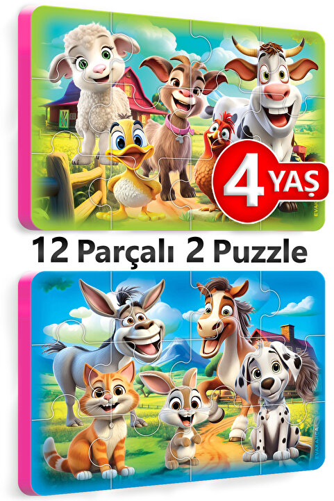 EVAKANCA 12 Parça Kalın EVA Puzzle Yapboz 2'li Çiftlik Hayvanları