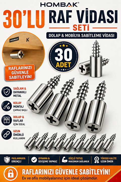 Hombak 30 Adet Dayanıklı Metal Raf Tutucu Raf Pimi 25 kg Kapasiteli