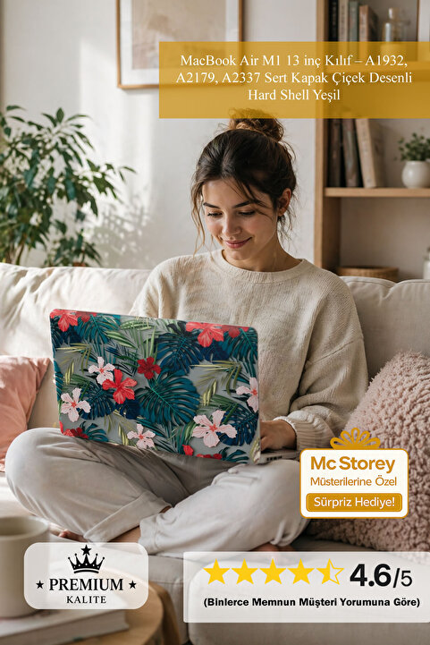 Mcstorey MacBook Air M1 13 inç Kılıf – A1932, A2179, A2337 Sert Kapak Çiçek Desenli Hard Shell Yeşil