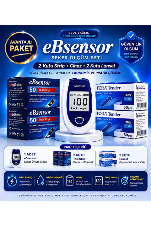 Ebsensor Şeker Ölçüm Cihazı 2 Kutu Strip (100 ADET) 2 Kutu (100 ADET) Lanset Başlangıç Paketi
