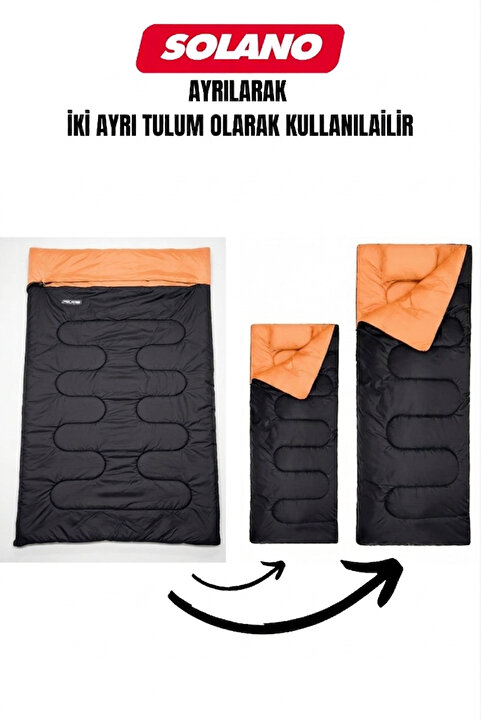 Solano -15°C Çift Kişilik Uyku Tulumu – Ayrılabilir Uyku Tulumu (Siyah-Turuncu) Balık, Kamp, Festival