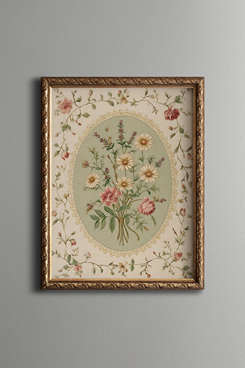 epiqart Çiçek Buketi Deseni - Vintage Desenli Çerçeve - İnce Model