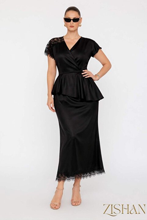 ZISHAN Saten Peplum Dantel Detaylı Etek Bluz İkili Büyük Beden Takım | 44-46-48-50 Beden 8402