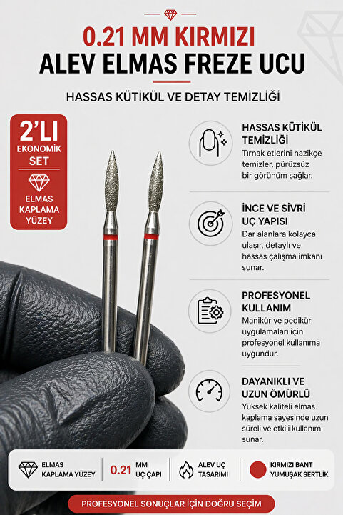 Rulia Professional 0.21 mm Kırmızı Bant Freze Ucu Alev Elmas 2’li Set – Manikür Pedikür Kütikül Temizleme Ucu