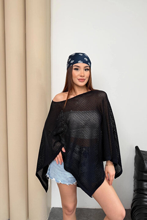 Lusin Kadın Siyah Kayık Madonna Yaka Panço Görünümlü Şık Oversize Yazlık Mevsimlik File Bluz