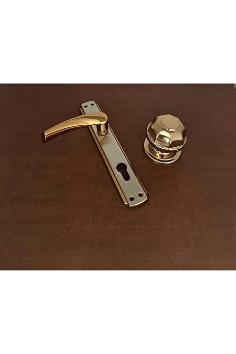KOLDOOR Derya Saten Gold Aynalı Yale Çelik Kapı Kolu Sol Basar Tek Taraf + Tokmak Kapı Babası