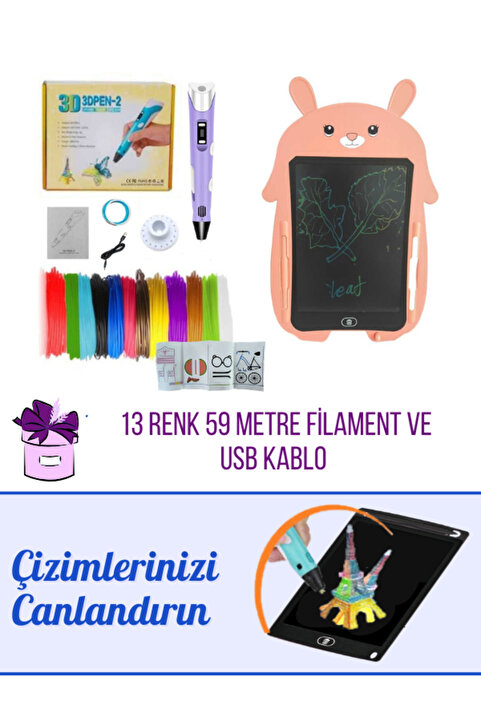 ORH Market Mor 3d Kalem & Pembe Tavşan Grafik Tablet Seti – 59 Metre Filament Ve Usb Kablo