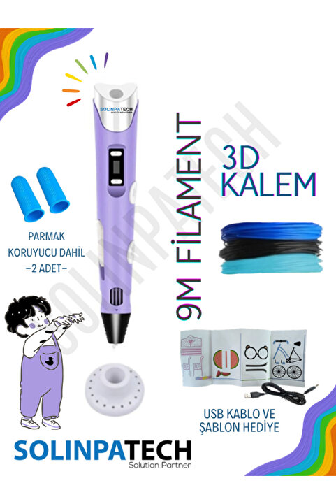 SolinpaTech 3D Pen Üç Boyutlu Yazıcı 3d Kalem Printer-mor (3 ADET 3METRE FİLAMENT -9METRE- VE USB KABLO DAHİL)