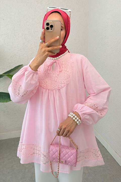 Salih Çelebi Dantel Detaylı Tunik 2305 - PEMBE