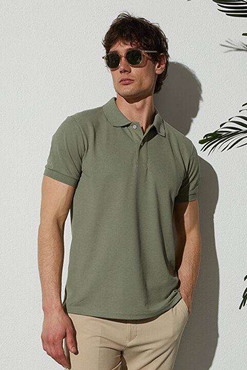 Tudors Erkek Slim Fit Dar Kesim Pamuklu Yumuşak Dokulu Serin Tutan Kumaş Düz Pike Haki Polo Yaka Tişört