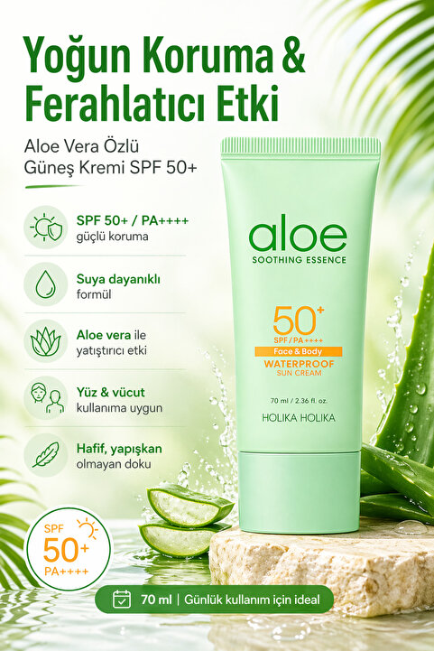 Holika Holika Aloe Soothing Essence Waterproof Sun Cream Spf50 - Aloe Yatıştırıcı Özlü Güneş Kremi 70ml