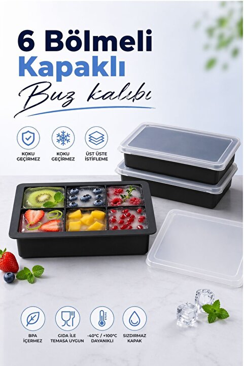 Kitchen Beauty 6 Bölmeli Kapaklı Büyük Boy Silikon Buz Kalıbı - 6'lı Siyah Silikon Kare Buzluk Kokteyl Buz Kalıbı