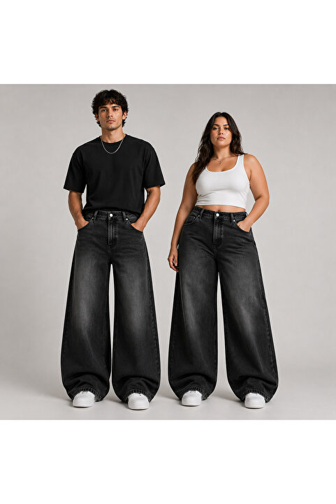 St.Poll SİYAH ESKİTME YIKAMALI UNİSEX BÜYÜK BEDEN BAGGY JEAN PANTOLON