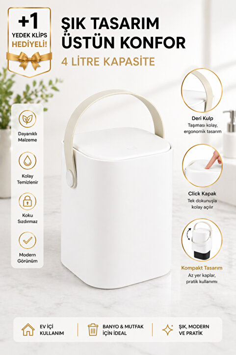 ALİNA HOME Yeni Nesil Akıllı Kapak Deri Kulplu Tezgah Üstü Mutfak Çöp Kovası 4 Litre
