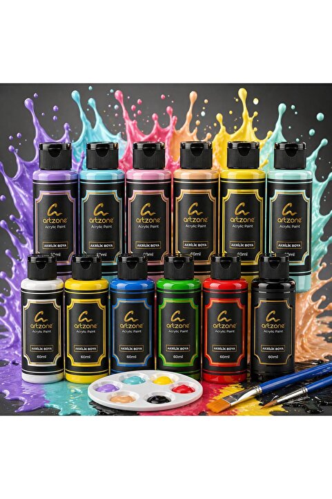 Artzone Akrilik Boya Seti 12 Renk x 60ml. Fırça ve Palet Hediyeli (Pastel ve Ana Renkler)