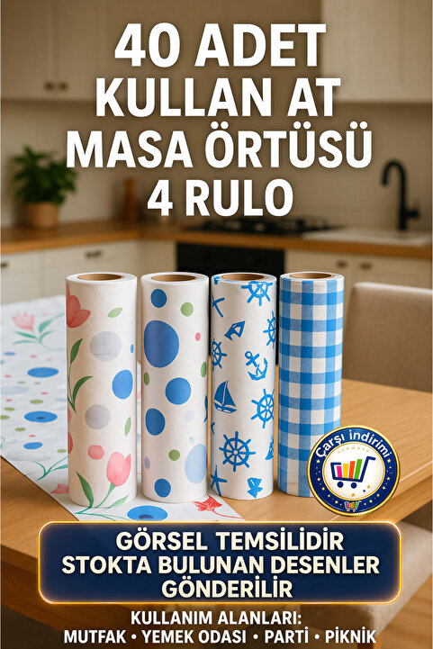 nistabolje 40 Adet Kullan At Masa Örtüsü 100x120 Cm Sıvı Geçirmez(4 RULO) Tek Kullanımlık Piknik Sofra Kağıdı