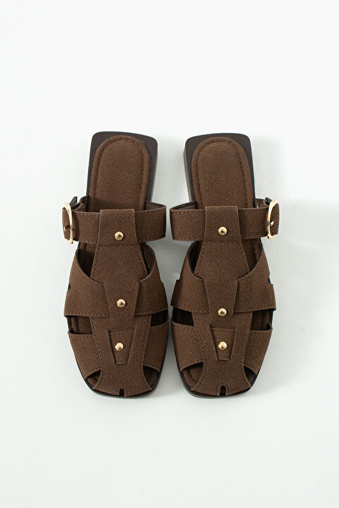DUXAL SHOES Fabian Kadın Camel Süet Kafesli Sandalet Terlik Toka Detaylı