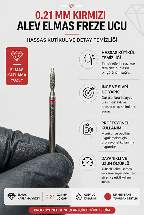 Rulia Professional 0.21 mm Kırmızı Bant Alev Freze Ucu Elmas – Kütikül Temizleme Ucu Profesyonel Manikür Pedikür Freze Başlığı