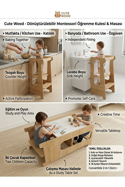 Cute&Wood Cute Wood - Montessori Öğrenme Kulesi & Masası: Çocuklarınızın Hayal Gücünü ve Bağımsızlığını Geliştirin!