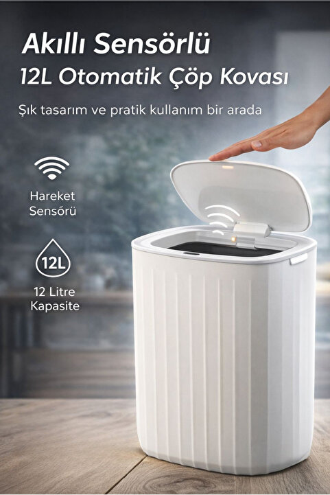 Okyanus Home Hareket Sensörlü 12lt Kırık Beyaz Çöp Kovası