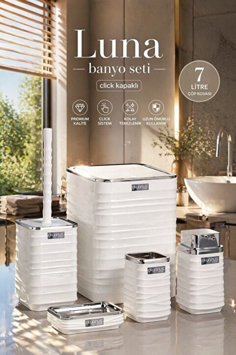 Okyanus Home Luna Beyaz Kromlu Kare 5'li Banyo Seti