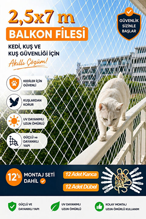 viyolmarketim Balkon Filesi 2,5x7 Metre Kuş Filesi Kedi Filesi Kuş Ağı Kuş Önleme Filesi