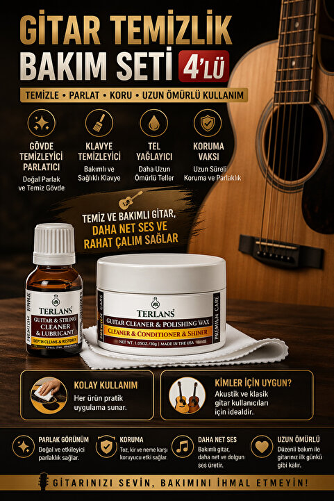 Terlans Gitar Temizlik Bakım Seti 4 Lü Gövde Klavye Temizleyici Parlatıcı Vaks Tel Yağlayıcı Guitar Polish