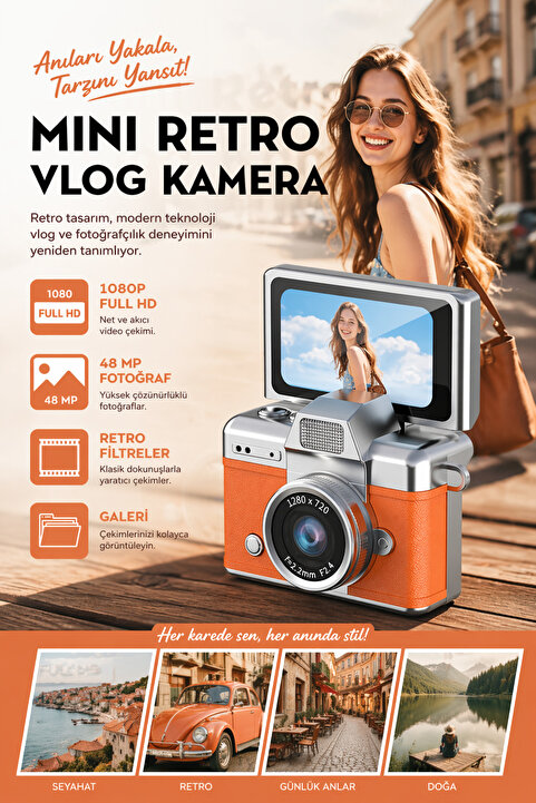 RoseandRoses Mini Kamera Dönen Ekran Flaşlı Selfie Video Vlog Kamerası Anahtarlık 1080P+48MP
