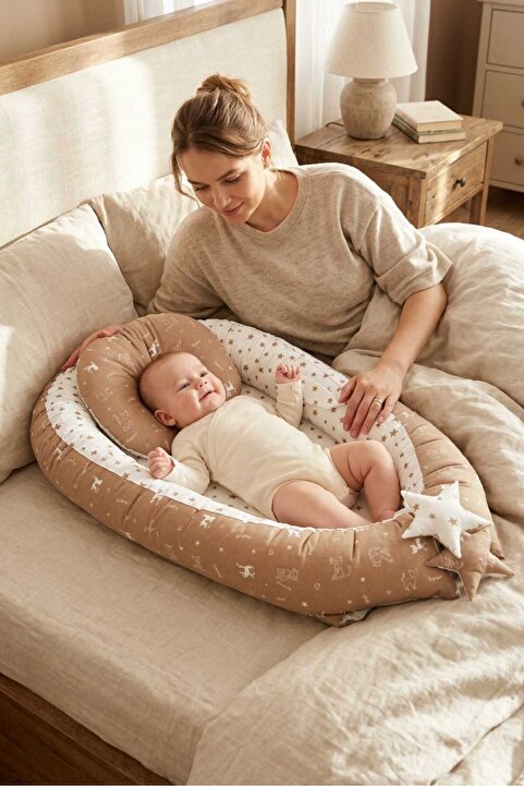 Umaybebek Babynest, Bebek Uyku Yatağı, Yatak - 0-2 Yaş - Pamuk Kumaş - Kahve Kedi Desen Yıldız
