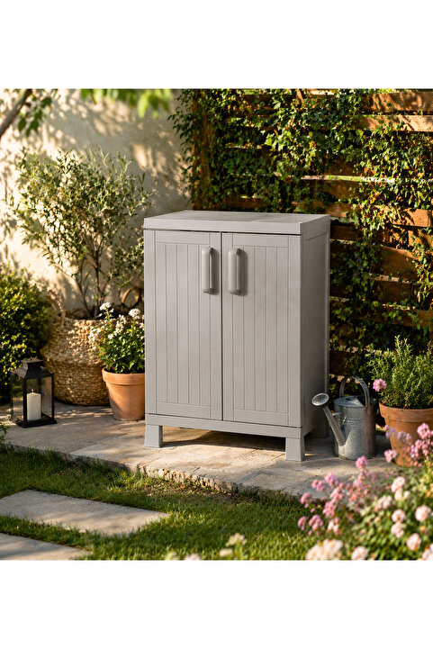 stratecht 2 Kapaklı Plastik Çok Amaçlı Dolap 65x37x93 cm Banyo Dolabı, Bahçe Dolabı, balkon Dolabı Taş Gri