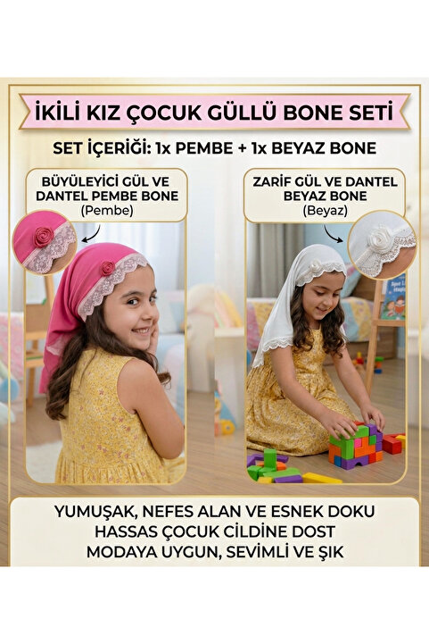 tayuya 2'li Kız Çocuk Bone Seti - beyaz& Pembe Güllü Dantelli Viskon Saç Bonesi - 2-6 Yaş