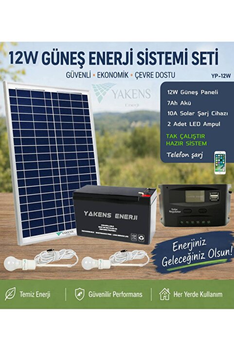 Yakens Enerji 12W Hazır Solar Paketi Güneş Paneli Enerji Sistem 7ah Akü + 10a Şarj Kontrol Cihazı + 2 Led Ampul |