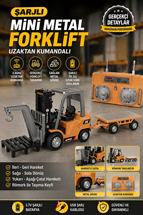 Penthouse 1:64 Mini R/C Uzaktan Kumandalı 2.4GHz Forklift Seti Römorklu Metal Oyuncak Forklift (Şarjlı)