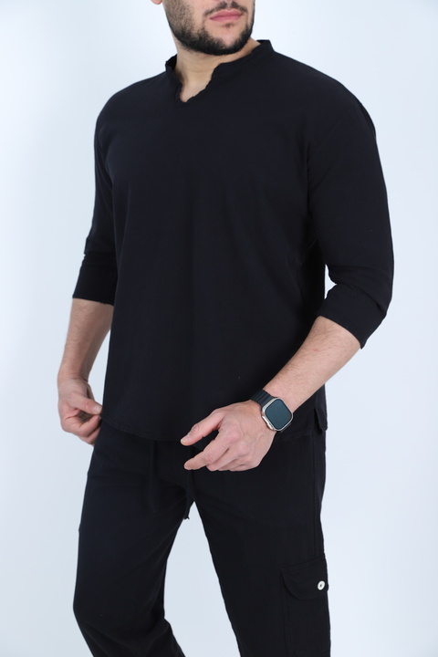 BİRBEYSTORE Hambez Keten Takım Alt Üst Kısa Kol Rahat Kalıp Pantolon Görünümlü Beli Lastikli