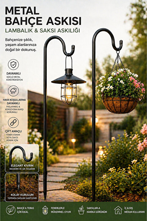 Kyrotech Metal Askılık Saksılık 1.15 Metre, Bahçe Askısı Çiçeklik Askısı, Solar Lamba Askılığı Aydınlatma Kancası, Balkon Teras Dekoratif Fener Askısı, Çok Amaçlı Metal Çiçek Askı Aparatı