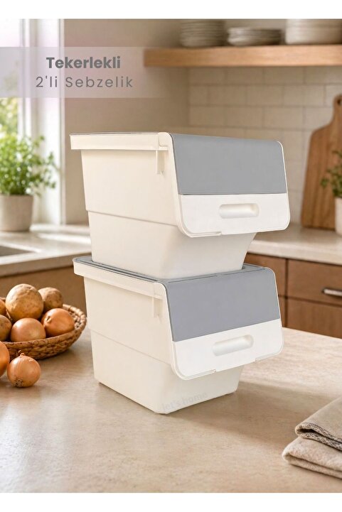 Jet's Home 2'li Patates Soğan Sepeti Beyaz-Gri Tekerlekli Kapaklı Havalandırmalı 24 Litre Sebzelik Organizer