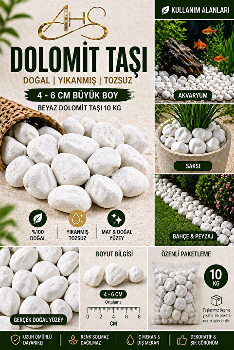 AHS Beyaz Dolomit Taşı 10 KG (4-6 CM) | Büyük Boy Peyzaj & Bahçe Dekor Taşı | Mat Görünüm, Yıkanmış Doğal Çakıl Taşı