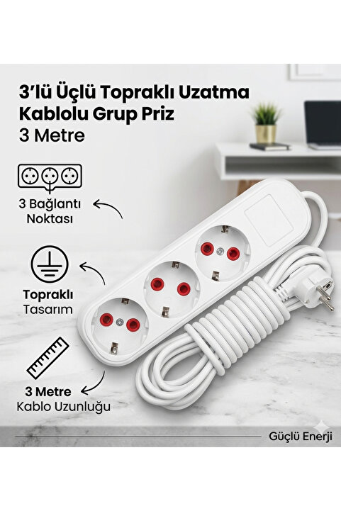 Genel Markalar Grup 3'lü Ara Kablo Topraklı Üçlü Priz (3 METRE)