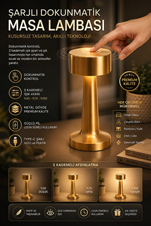 nextbuy Dokunmatik Masa ve Gece Lambası Dekoratif Şarjlı Retro Abajur Led Oda Dimmerli Aydınlama Işığı