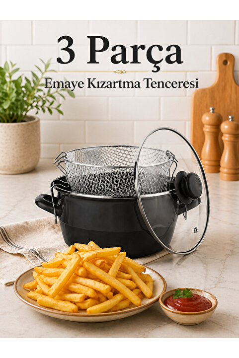 naturelove 3 Parça Emaye Kızartma Tenceresi - 26 cm Fritöz - Süzgeç Aparatlı Patates & Sebze Kızartma Tenceresi