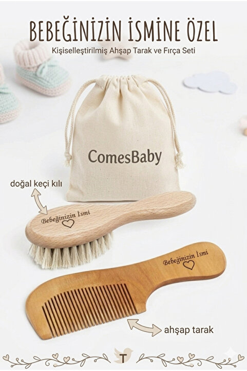 ComesBaby İsimli 2'li Set-bebek Fırçası & Saplı Ahşap Tarak (KESE VE ANAHTARLIK HEDİYE)
