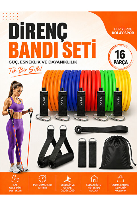 HEPİTOP Çantalı Lateks 16 Parça Direnç Lastiği Seti Toplam 47.5 Kg Ağırlık Lastiği Kapı Arkası Güç Bandı