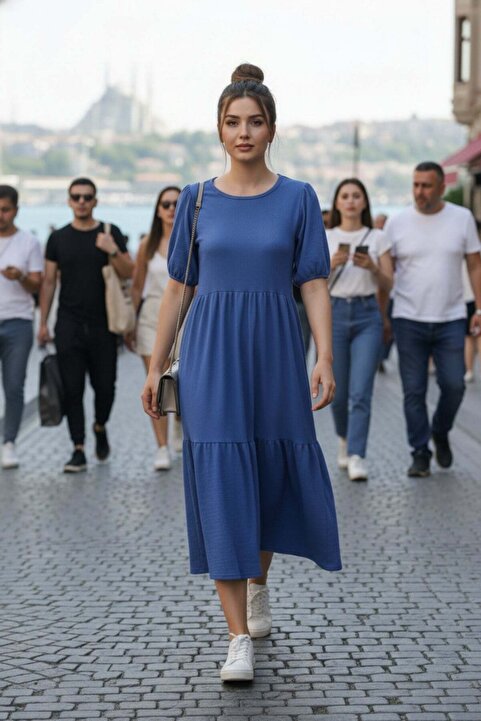 Mossta Kısa Kollu Bürümcük Balon Elbise - Saks