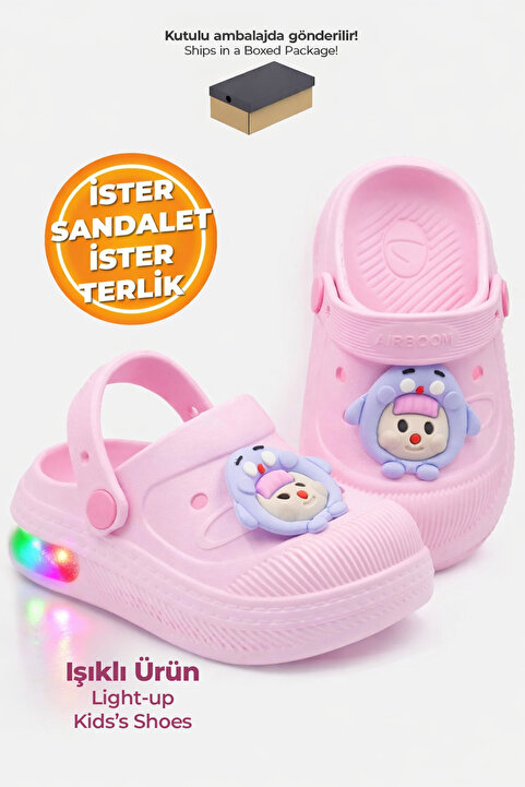Beınsteps Işıklı Çocuk Sandalet Terlik Havuz Okul Kreş Günlük Işıklı Unisex Pembe Sandalet Terlik